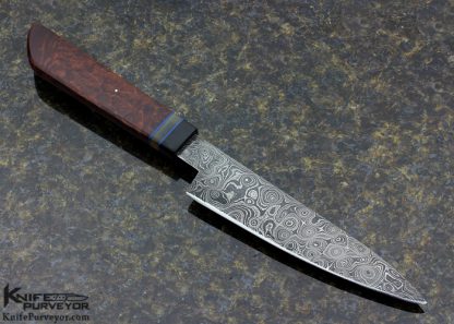 Kevin Cross Custom Knife Redwood Burl with Steel Carbon Damascus and Black Buffalo Horn, Amber, Blue Spacers - Image 3