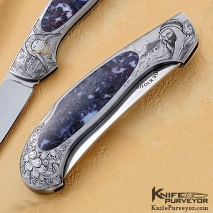 Joe Kious Custom Knife Chris Meyer Engraved Charoite Interframe Persian Lockback - Image 2