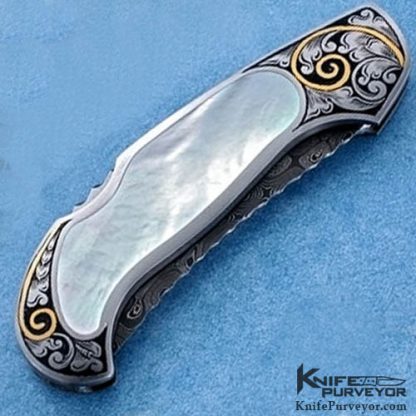 Joe Kious Custom Knife Fred Harrington Engraved Pearl Interframe & Damascus Persian Lockback - Image 2