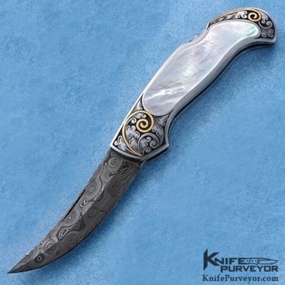 Joe Kious Custom Knife Fred Harrington Engraved Pearl Interframe & Damascus Persian Lockback