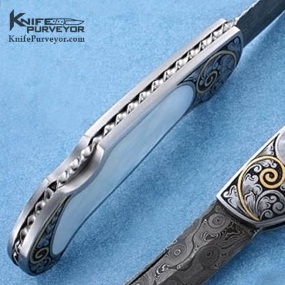 Joe Kious Custom Knife Fred Harrington Engraved Pearl Interframe & Damascus Persian Lockback - Image 3