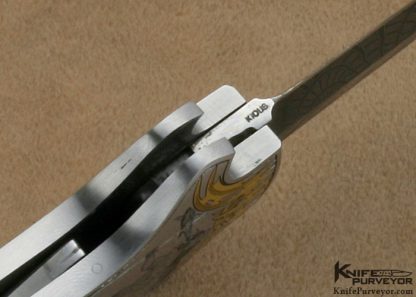 Joe Kious Custom Knives Ray Cover Jr. Engraved Blacklip Pearl & Mike Norris Damascus "Dead Bug" Auto - Image 7