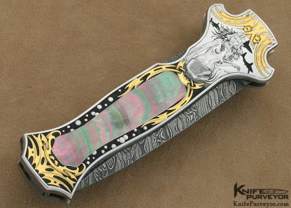 Joe Kious Custom Knives Ray Cover Jr. Engraved Blacklip Pearl & Mike Norris Damascus "Dead Bug" Auto - Image 3