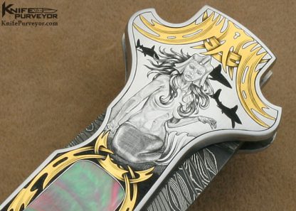 Joe Kious Custom Knives Ray Cover Jr. Engraved Blacklip Pearl & Mike Norris Damascus "Dead Bug" Auto - Image 4