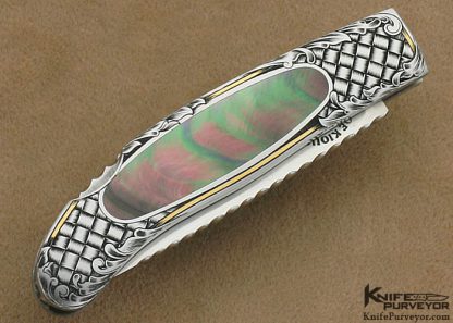 Joe Kious Custom Knife Black Lip Tahitian Pearl Shell Interframe Lockback Engraved by Ray Cover Jr. - Image 3