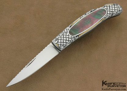 Joe Kious Custom Knife Black Lip Tahitian Pearl Shell Interframe Lockback Engraved by Ray Cover Jr.