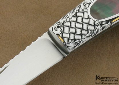 Joe Kious Custom Knife Black Lip Tahitian Pearl Shell Interframe Lockback Engraved by Ray Cover Jr. - Image 2