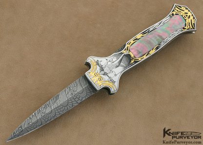 Joe Kious Custom Knives Ray Cover Jr. Engraved Blacklip Pearl & Mike Norris Damascus "Dead Bug" Auto