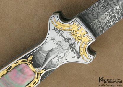 Joe Kious Custom Knives Ray Cover Jr. Engraved Blacklip Pearl & Mike Norris Damascus "Dead Bug" Auto - Image 2