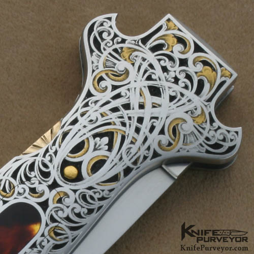Joe Kious Custom Knives Jon Robyn Engraved Antique Tortoise Shell Pocket Locket Auto - Image 3