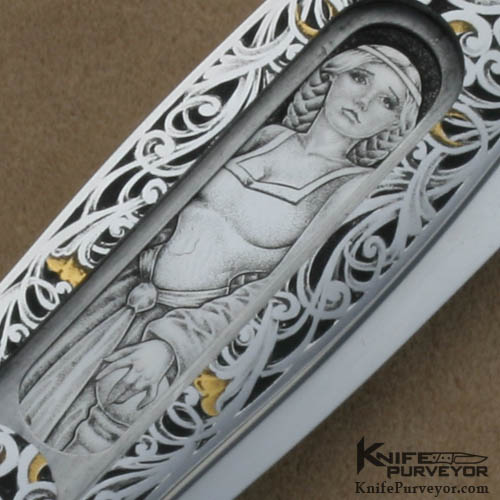Joe Kious Custom Knives Jon Robyn Engraved Antique Tortoise Shell Pocket Locket Auto - Image 5