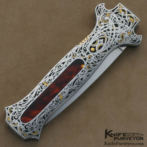 Joe Kious Custom Knives Jon Robyn Engraved Antique Tortoise Shell Pocket Locket Auto - Image 2