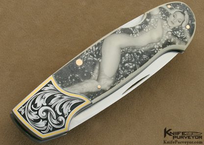 Joe Kious Custom Knife Tim George Engraved Pre-Ban Elephant Ivory Lockback Scrimshawed by Ron Luebke Jr. - Image 3