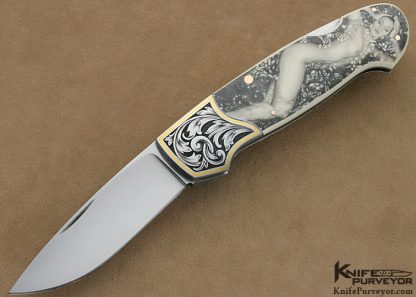 Joe Kious Custom Knife Tim George Engraved Pre-Ban Elephant Ivory Lockback Scrimshawed by Ron Luebke Jr.