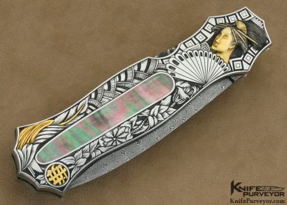 Joe Kious Custom Knives Black Lip Tahitian Pearl Shell Pocket Locket Auto Engraved by Ron Skaggs - Image 2