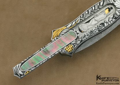 Joe Kious Custom Knives Black Lip Tahitian Pearl Shell Pocket Locket Auto Engraved by Ron Skaggs - Image 3