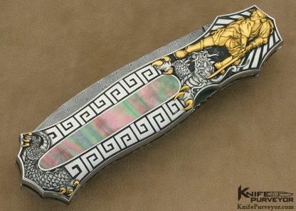 Joe Kious Custom Knives Black Lip Tahitian Pearl Shell Pocket Locket Auto Engraved by Ron Skaggs - Image 5