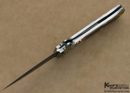 Joe Kious Custom Knife Lapis Lazuli Interframe Front Lock Auto with 14Kt Gold Toothpick & Tweezers Engraved by Ron Skaggs - Image 12