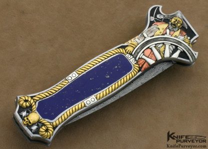 Joe Kious Custom Knife Lapis Lazuli Interframe Front Lock Auto with 14Kt Gold Toothpick & Tweezers Engraved by Ron Skaggs - Image 7