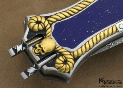 Joe Kious Custom Knife Lapis Lazuli Interframe Front Lock Auto with 14Kt Gold Toothpick & Tweezers Engraved by Ron Skaggs - Image 9