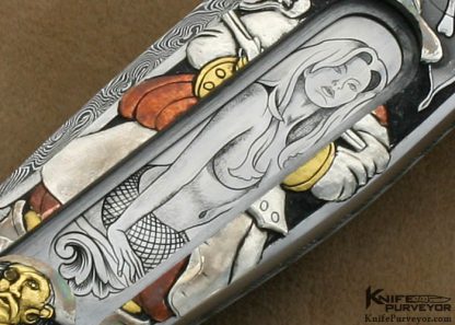 Joe Kious Custom Knife Lapis Lazuli Interframe Front Lock Auto with 14Kt Gold Toothpick & Tweezers Engraved by Ron Skaggs - Image 5