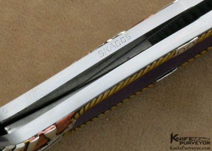 Joe Kious Custom Knife Lapis Lazuli Interframe Front Lock Auto with 14Kt Gold Toothpick & Tweezers Engraved by Ron Skaggs - Image 13