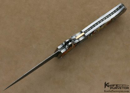 Joe Kious Custom Knife Lapis Lazuli Interframe Front Lock Auto with 14Kt Gold Toothpick & Tweezers Engraved by Ron Skaggs - Image 11