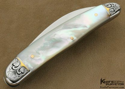 Joe Kious Custom Knife Julie Warenski Engraved Mother of Pearl Shell with 14 Kt Gold Pins and Escutcheon "Norfolk" Slip Joint - Image 4