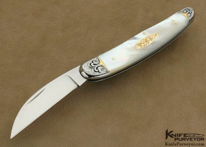 Joe Kious Custom Knife Julie Warenski Engraved Mother of Pearl Shell with 14 Kt Gold Pins and Escutcheon "Norfolk" Slip Joint