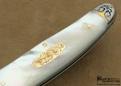 Joe Kious Custom Knife Julie Warenski Engraved Mother of Pearl Shell with 14 Kt Gold Pins and Escutcheon "Norfolk" Slip Joint - Image 7