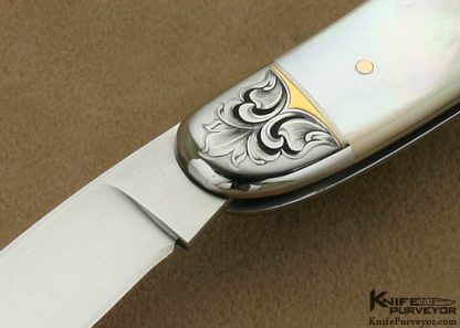 Joe Kious Custom Knife Julie Warenski Engraved Mother of Pearl Shell with 14 Kt Gold Pins and Escutcheon "Norfolk" Slip Joint - Image 2