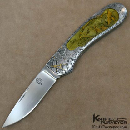 Joe Kious Custom Knife Amber Inlayed Dan Wilkerson Engraved Lockback