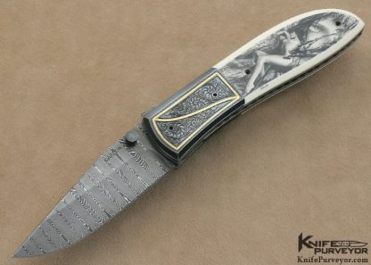 Kit Carson Custom Knife Jeff Flannery Engraved, Ron Luebke Jr. Scrimshawed Pre-ban Ivory & Damascus Linerlock