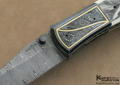Kit Carson Custom Knife Jeff Flannery Engraved, Ron Luebke Jr. Scrimshawed Pre-ban Ivory & Damascus Linerlock - Image 2