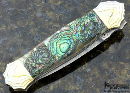 Koji Hara Custom Knife Abalone and Carved Gold Lip Pearl with Damascus Linerlock Dagger - Image 3