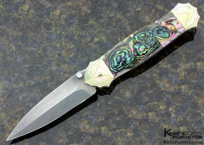 Koji Hara Custom Knife Abalone and Carved Goldlip Pearl with Damascus Linerlock Dagger 11977
