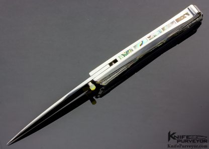 Koji Hara Custom Knife Bamboo Textured Abalone and Steel Lockback Folder - Image 3