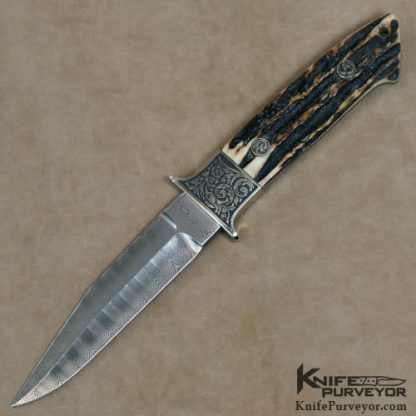Dietmar Kressler Custom Knives Stag & Fredrich Schneider Damascus Boot Knife Engraved by Manfred Fleischer