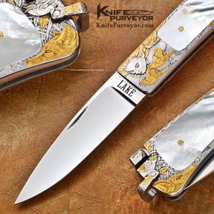 Ron Lake Custom Knives Martin Butler "Golden Girls" Engraved Mother of Pearl "Orion" Tail Lock - Image 2