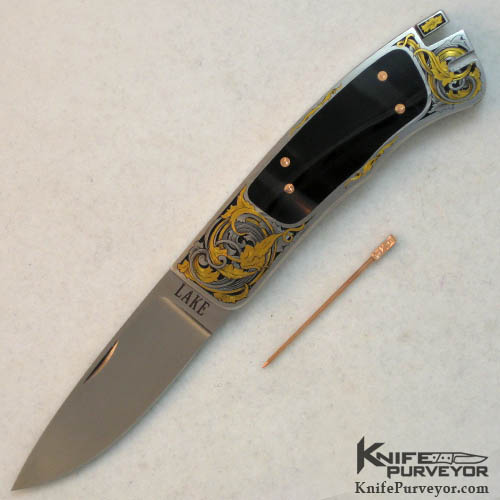 Ron Lake Custom Knife Cape Buffalo Horn Inlaid Tail Lock Engraved by Steve Lindsay