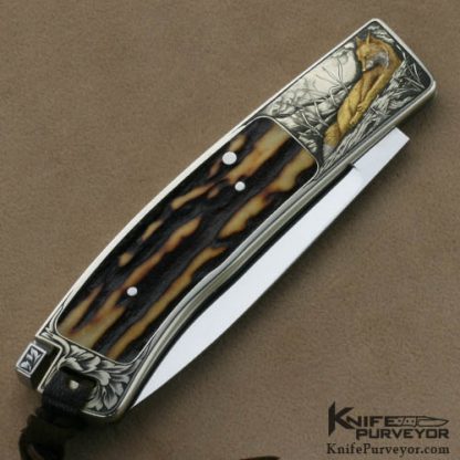 Ron Lake Custom Knives Bob Loveless Designed Amber Stag Tail Lock Engraved by Ron Skaggs - Image 4