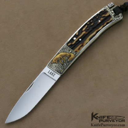 Ron Lake Custom Knives Bob Loveless Designed Amber Stag Tail Lock Engraved by Ron Skaggs
