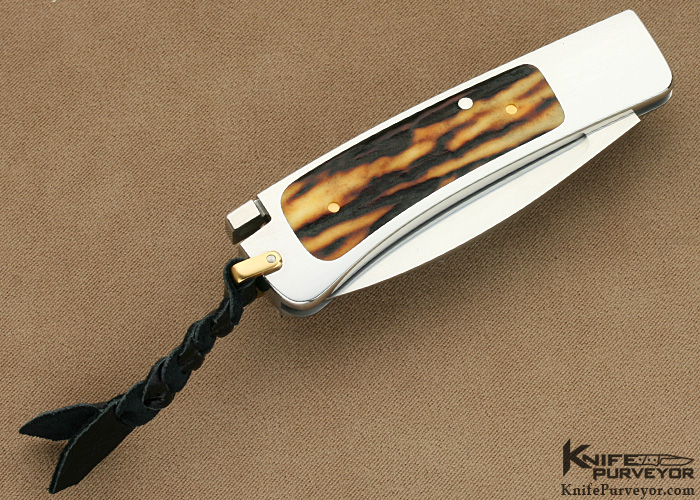 Ron Lake Custom Knife Amber Stag Interframe Tail Lock with 14Kt Gold Bale & Pins - Image 3