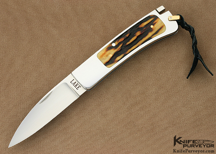 Ron Lake Custom Knife Amber Stag Interframe Tail Lock with 14Kt Gold Bale & Pins
