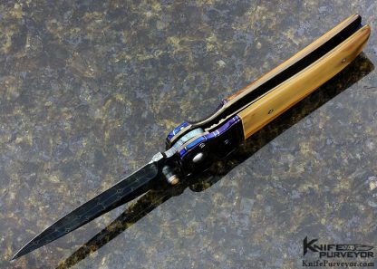 Larry Chew Custom Knife "Fancy Covert" with Robert Eggerling Blued Barb Wire/Jellyroll Mosaic Damascus with Mastodon Scales, Double Thumb Stud Hidden Auto Button Release - Image 5