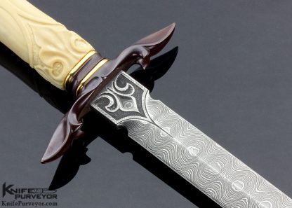 Larry Fuegen Custom Knife Sole Authorship Damascus with Carved & Stippled Cream Colored Fossil Walrus Art Dagger - Image 4