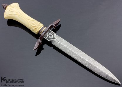 Larry Fuegen Custom Knife Sole Authorship Damascus with Carved & Stippled Cream Colored Fossil Walrus Art Dagger - Image 3