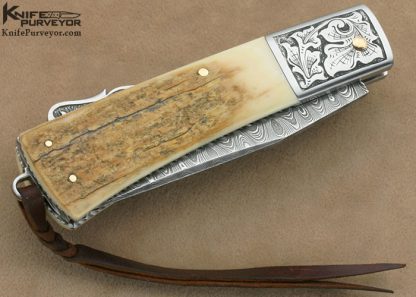 Larry Fuegen Custom Knife Sole Authorship Engraved Damascus & Mammoth Ivory Lockback "Classic Folder" - Image 4