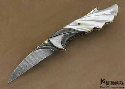 Larry Fuegen Custom Knife 14Kt Gold Framed Fluted Mother of Pearl Shell & Fluted Sole Authorship Damascus Lockback