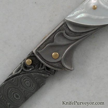 Larry Fuegan Custom Knife Fully Carved Mother of Pearl & Sole Authorship Damascus Lockback - Image 2